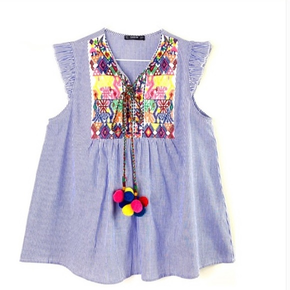 Shein Boho Pom Pom Tie Festive Seersucker Blouse - Picture 8 of 16